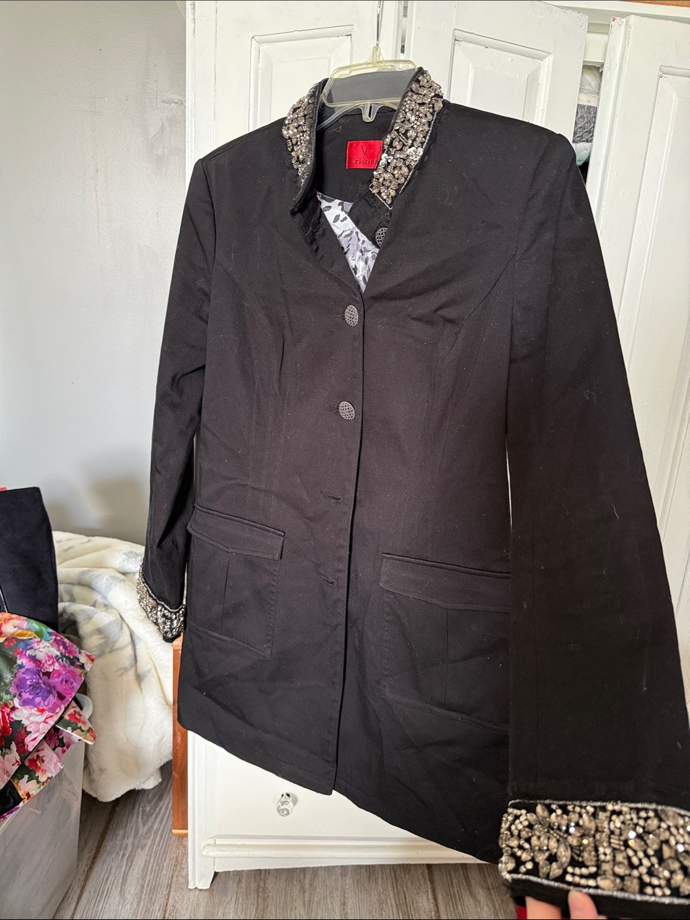 V Cristina Black Beaded-Collar and Cuff Blazer
